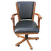 Single Kingston game chair with black synthetic leather cushions, curved armrests, and honey oak wood finish, designed for gaming tables with rolling casters and tilt adjustment.