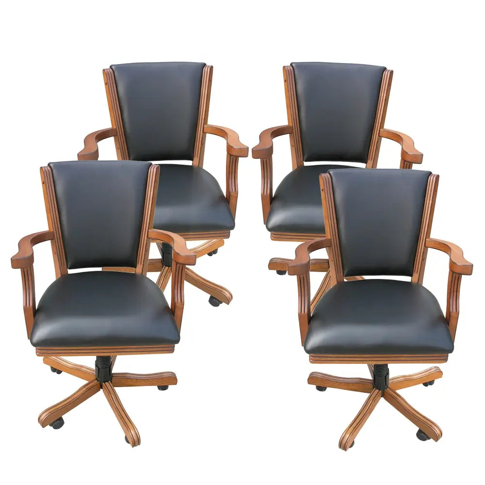 Set of four Kingston swivel armchairs with cushioned faux leather seats and oak wood frames, designed to complement poker and bumper pool tables in game rooms.