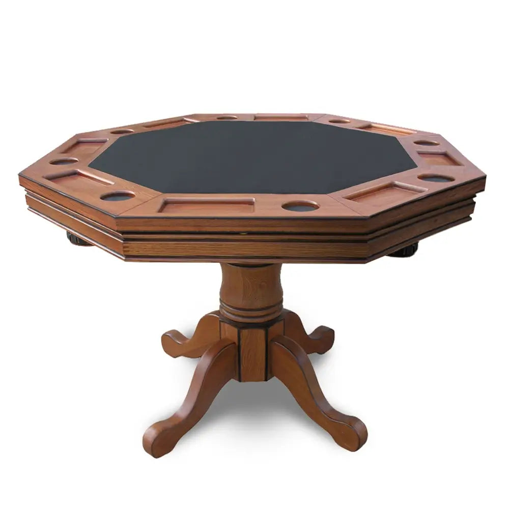 Kingston octagonal poker table with padded black faux leather playing surface, built-in cup holders and chip trays, and a honey oak wood pedestal base.