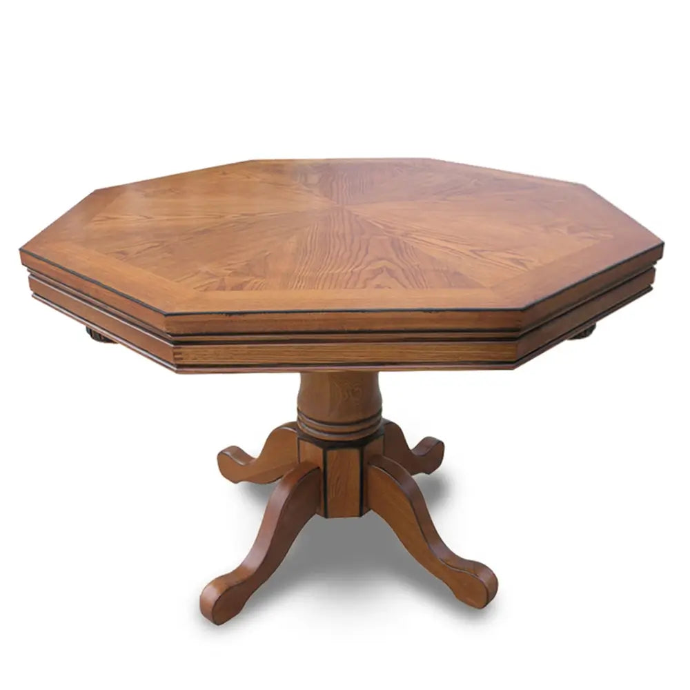 Kingston 3-in-1 convertible game table with solid oak wood veneer, shown with flat dining tabletop in natural honey oak finish and decorative wood grain inlay.