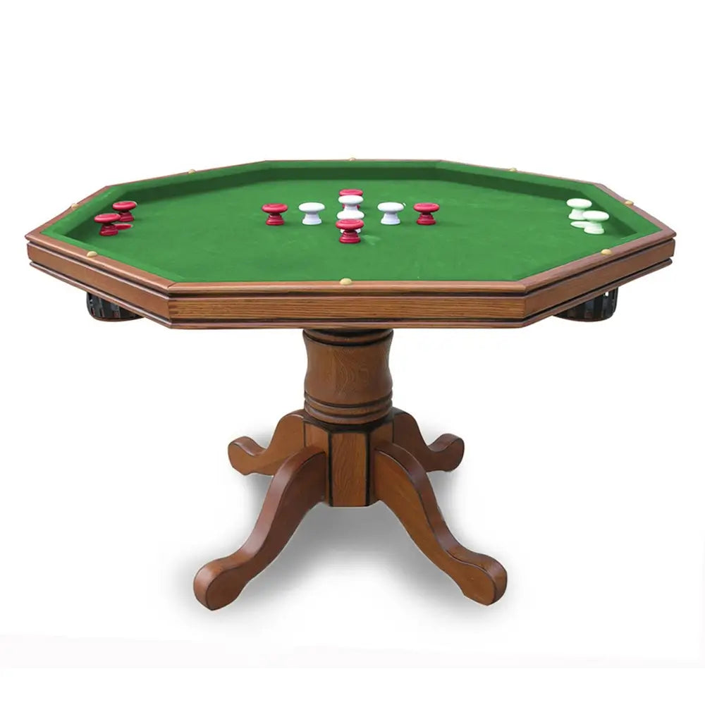 Kingston bumper pool game table with green felt surface and full set of bumper pool pieces, designed in a multifunctional octagon shape with classic pedestal base.