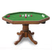 Kingston bumper pool game table with green felt surface and full set of bumper pool pieces, designed in a multifunctional octagon shape with classic pedestal base.