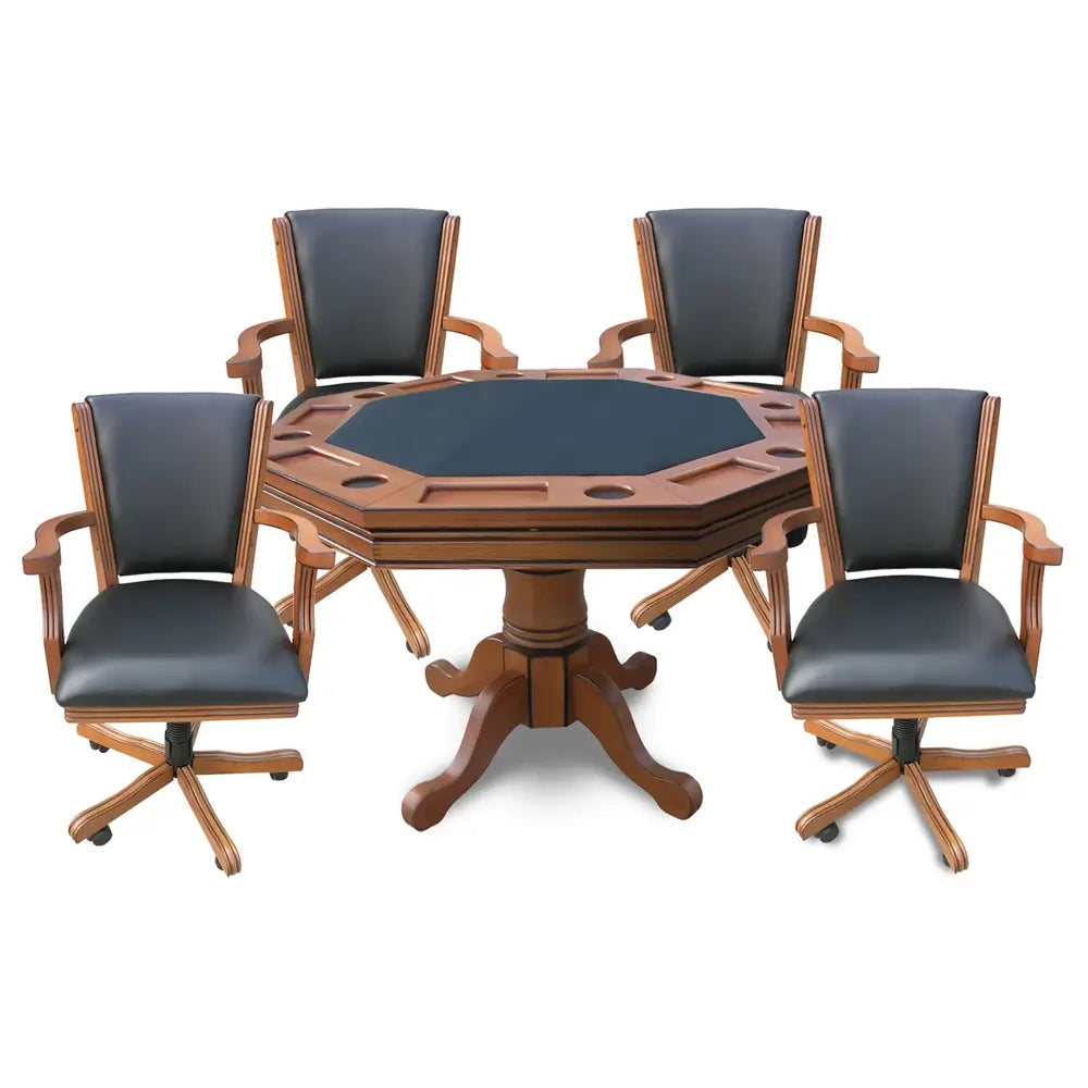 Complete Kingston 3-in-1 game table set with four rolling armchairs and an octagonal table featuring cup holders, chip trays, and faux leather playing surface in honey oak finish.