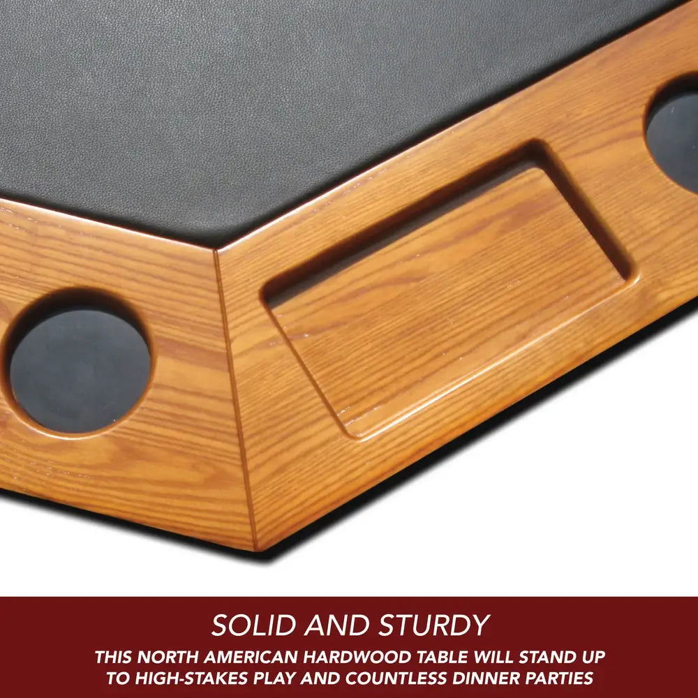 Detail shot of Kingston poker table edge with inset chip tray and cup holder, showcasing premium honey oak wood craftsmanship and durable leatherette play area.