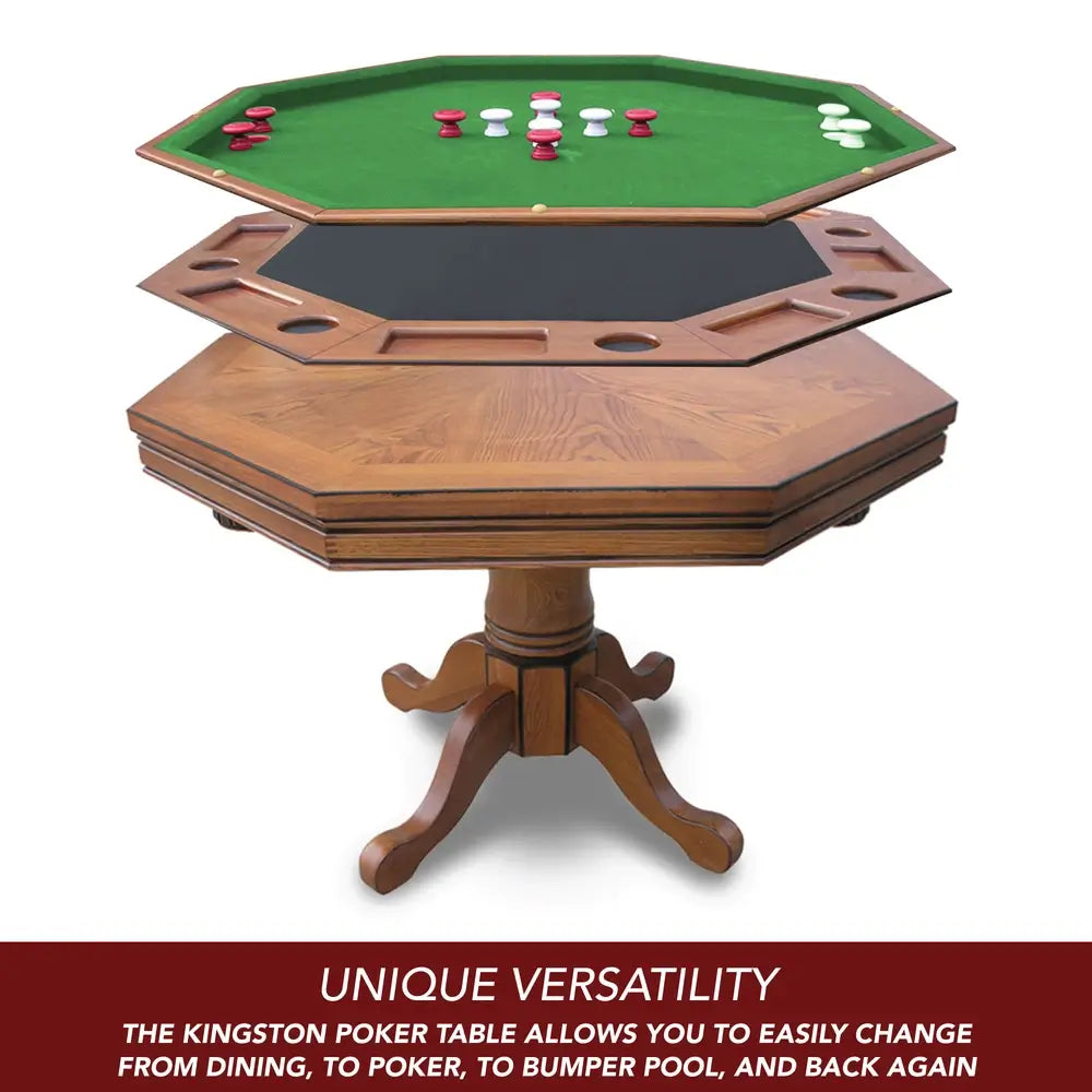 Exploded view of Kingston 3-in-1 convertible tabletop showing reversible layers for bumper pool, poker with cup holders, and smooth dining surface in solid oak wood.