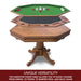 Exploded view of Kingston 3-in-1 convertible tabletop showing reversible layers for bumper pool, poker with cup holders, and smooth dining surface in solid oak wood.