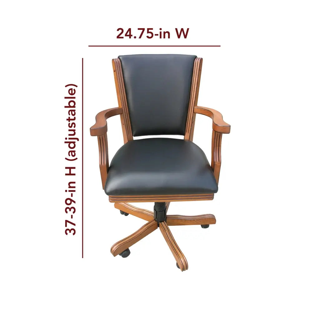Adjustable swivel armchair with black faux leather padding and honey oak wood frame, featuring 24.75-inch width and 37–39-inch height for use with poker or game tables.