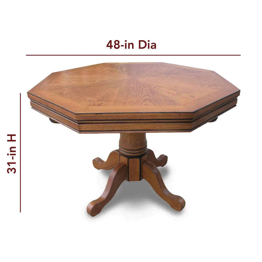 Kingston round oak game table dimensions showing 48-inch diameter and 31-inch height, ideal for use as a poker, bumper pool, or dining table in home entertainment spaces.