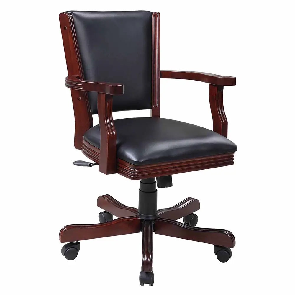 Single Kingston dark oak rolling armchair with black faux leather padding, adjustable height mechanism, and curved pedestal base for poker or home office use.