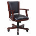 Single Kingston dark oak rolling armchair with black faux leather padding, adjustable height mechanism, and curved pedestal base for poker or home office use.