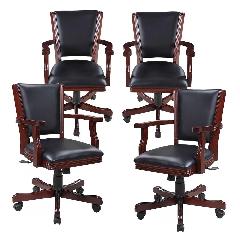Set of five Kingston poker armchairs with rolling casters, padded black faux leather seats, and dark oak frames, designed for comfort and mobility during extended play.