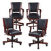 Set of five Kingston poker armchairs with rolling casters, padded black faux leather seats, and dark oak frames, designed for comfort and mobility during extended play.