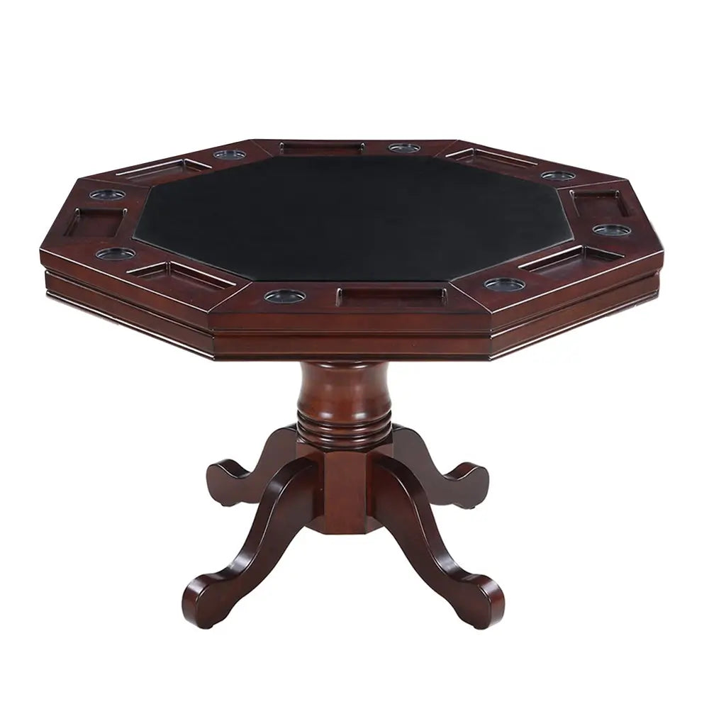 Kingston 3-in-1 dark oak poker table with faux leather playing surface, eight chip trays, and drink holders, designed for home card games and casino-style entertainment.