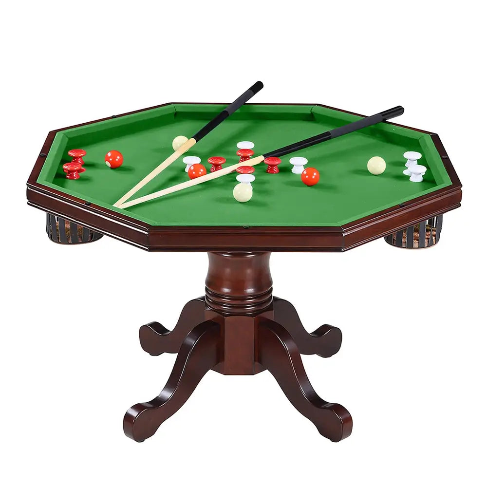 Bumper pool table setup with green felt surface, red and white bumper balls, cues, and octagonal wood frame, part of the Kingston 3-in-1 convertible game table.