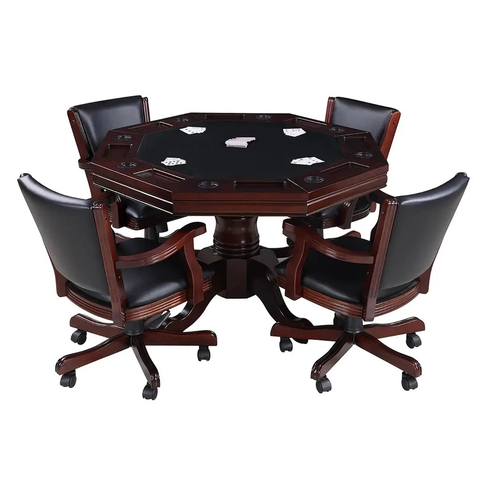 Kingston poker game table set with five black faux leather armchairs and dark oak octagonal poker table, featuring chips and playing cards set for game night.