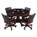 Kingston poker game table set with five black faux leather armchairs and dark oak octagonal poker table, featuring chips and playing cards set for game night.