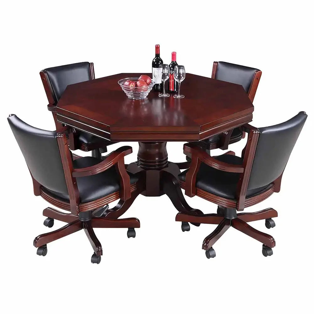 Kingston 3-in-1 convertible table set with five leatherette chairs and dark oak pedestal table in dining mode, topped with wine bottles and glasses for entertaining guests.