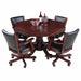 Kingston 3-in-1 convertible table set with five leatherette chairs and dark oak pedestal table in dining mode, topped with wine bottles and glasses for entertaining guests.