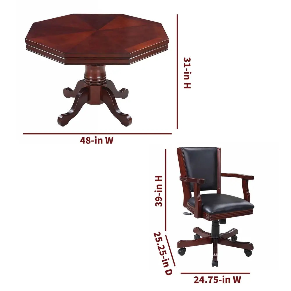 Kingston dark oak game table and chair dimensions showing 48-inch tabletop width, 31-inch height, and chair size of 24.75-inch width by 39-inch height.