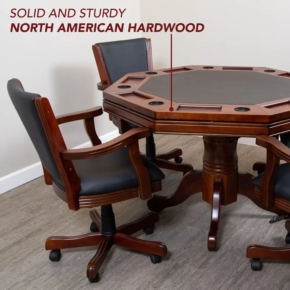 Close-up of Kingston poker table set highlighting solid North American hardwood construction, black padded armchairs, and integrated chip trays with drink holders.