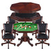 Kingston 3-in-1 game table with exploded view showing reversible tabletop for dining, poker, and bumper pool; includes four swivel chairs with black faux leather and dark oak frames.