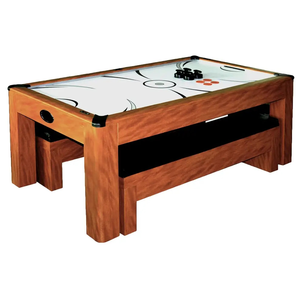 3-in-1 multi-game table in air hockey mode, featuring cherry wood frame, white playfield with black graphics, and included strikers and pucks.
