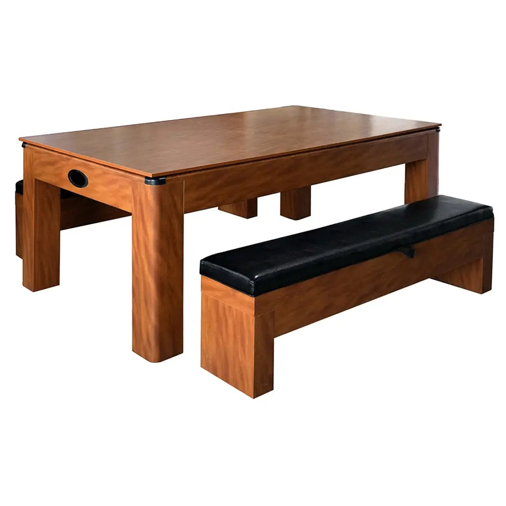 Convertible dining and game table with wood finish and black cushioned storage bench, shown in dining table mode with solid tabletop.