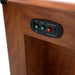 Control panel on air hockey table with labeled buttons for start, reset, timer, sound, and power, mounted in cherry-finish wood cabinet.