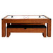 Air hockey table with natural wood finish and black cushioned storage bench, shown in game mode with pucks and strikers on playfield.