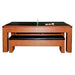 Convertible multi-game table in wood finish with black tabletop for ping pong, built-in bench seating, and included paddles and balls on surface.