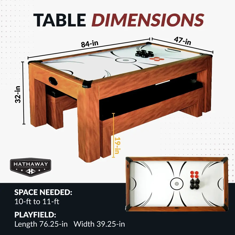 Table dimensions for 3-in-1 convertible game table by Hathaway in cherry wood finish, measuring 84 inches long, 47 inches wide, and 32 inches tall with 19-inch bench height; playfield size 76.25 by 39.25 inches; requires 10 to 11 feet of space.