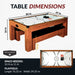 Table dimensions for 3-in-1 convertible game table by Hathaway in cherry wood finish, measuring 84 inches long, 47 inches wide, and 32 inches tall with 19-inch bench height; playfield size 76.25 by 39.25 inches; requires 10 to 11 feet of space.