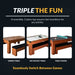 Three-in-one table function graphic showing transitions between dining table, air hockey, and table tennis using reversible tabletop.