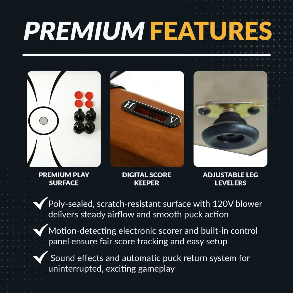 Premium features of multi-game air hockey table including smooth poly-sealed playfield, digital scorekeeper, and adjustable leg levelers.