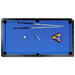 Top-down view of Hathaway Hustler 7-foot pool table with bright blue felt, two pool cues, triangle rack with billiard balls, cue chalk, table brush, and cue ball included on the playing surface.