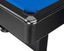 Top-down close-up of a chrome-capped corner pocket on the Hathaway Hustler pool table, featuring vibrant blue felt, black plastic drop pocket, and edge detailing for durability and style.