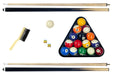 Flat lay of included pool table accessories: two-piece cues, racked billiard balls, cue ball, cue chalk, and nylon table brush, shown against a white background.