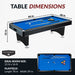 Infographic showing dimensions of Hathaway Hustler pool table: 84 inches long, 48 inches wide, and 32 inches high. Ideal room size is 12x16 ft. Playfield size: 78 inches by 39 inches.