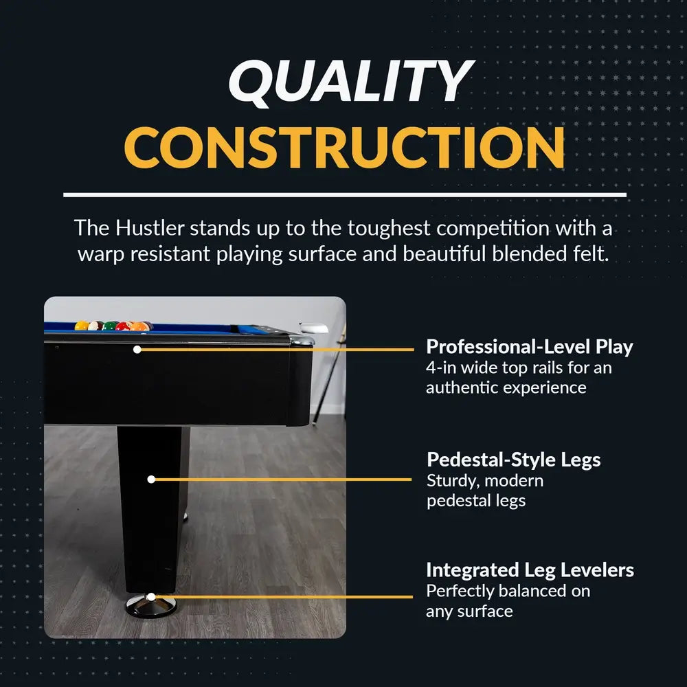 Infographic highlighting quality construction features of Hathaway Hustler pool table: 4-inch wide professional-grade top rails, pedestal-style legs, and integrated leg levelers for stability on any surface.