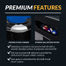 Infographic highlighting quality construction features of Hathaway Hustler pool table: 4-inch wide professional-grade top rails, pedestal-style legs, and integrated leg levelers for stability on any surface.