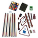 Hathaway Deluxe Billiards Accessory Kit in mahogany finish featuring four two-piece maple cues, 2.5-inch billiard balls, wall racks, cue chalk kit, brushes, triangle and diamond racks, Kelly pool shaker bottle, and more.