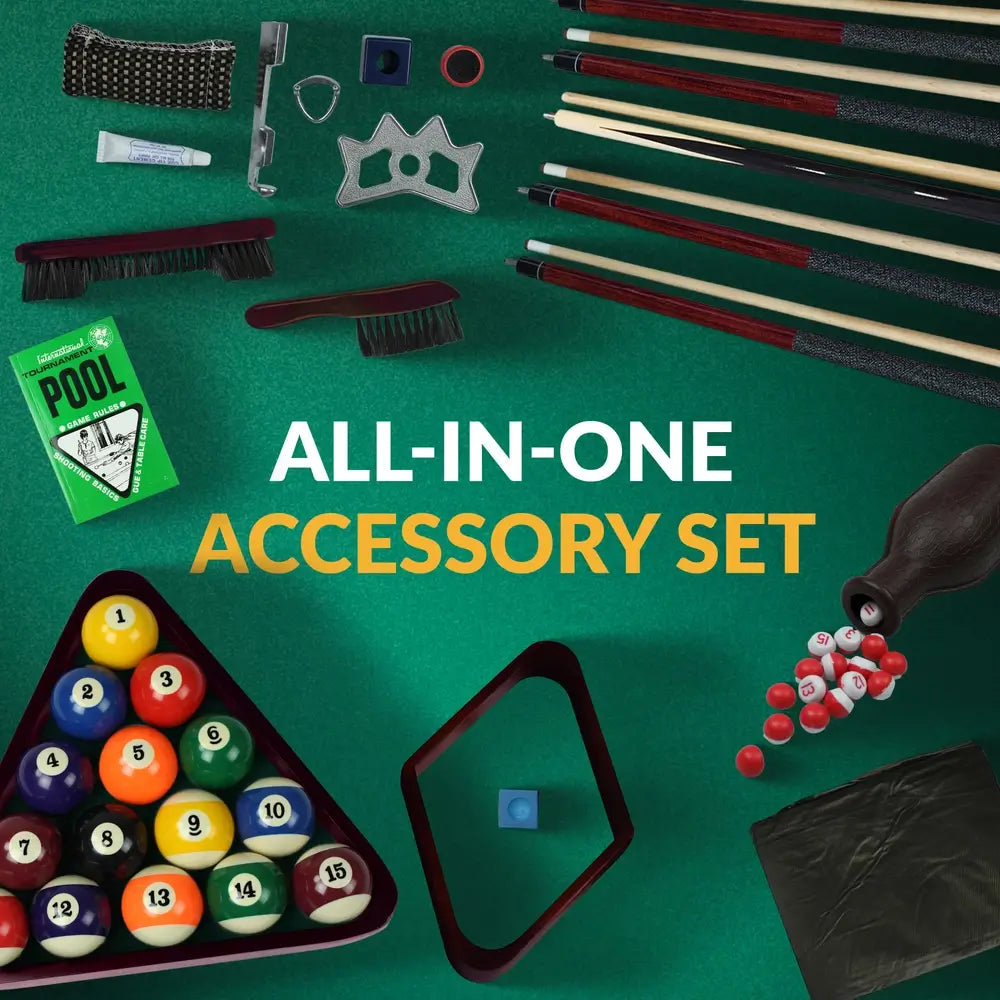 All-in-one Hathaway Deluxe Billiards Accessory Kit displayed on green felt, showcasing full cue set, racks, brushes, Kelly pool bottle, rule book, and billiard balls for complete game room setup.