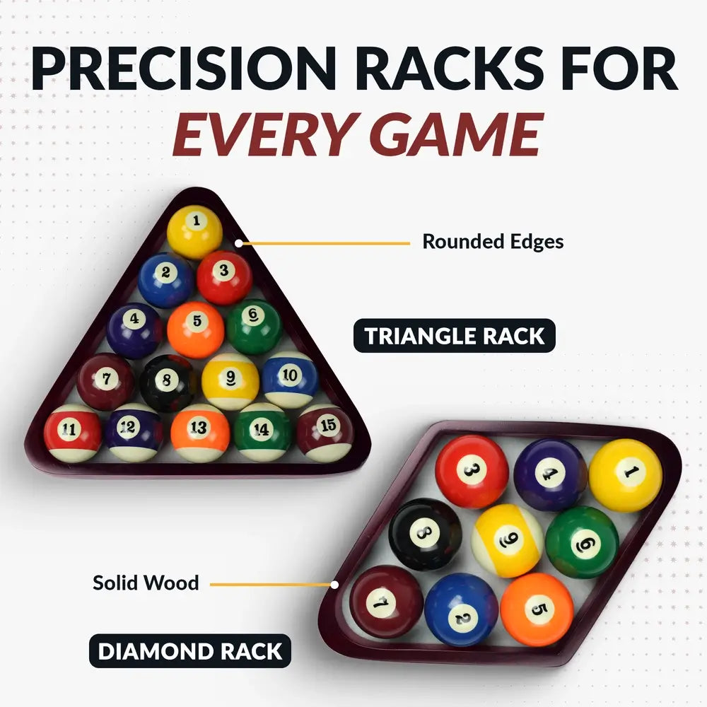 Close-up of Hathaway Deluxe triangle and diamond billiard racks, highlighting solid wood construction and rounded edges for precise ball alignment during setup.