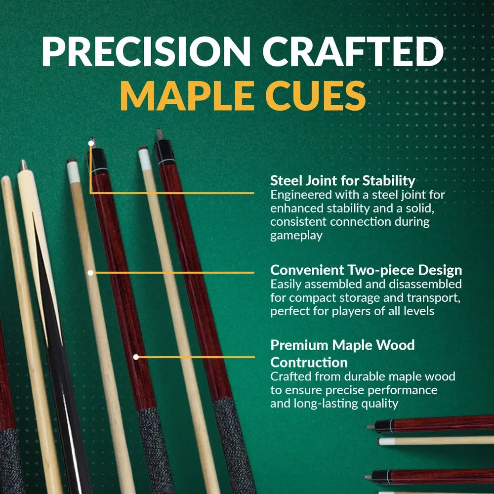 Precision-crafted two-piece maple cue sticks from Hathaway Deluxe Kit featuring steel joints for stability, ergonomic grip, and easy disassembly for portability and durability.