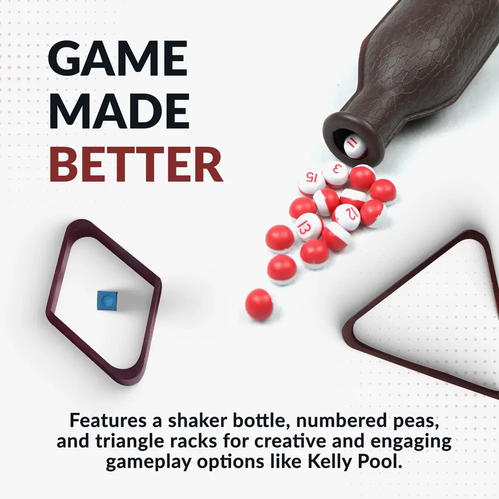 Hathaway Deluxe Billiards Accessory Kit's Kelly pool shaker bottle with numbered red and white peas and triangle racks for unique gameplay variants like Kelly Pool.