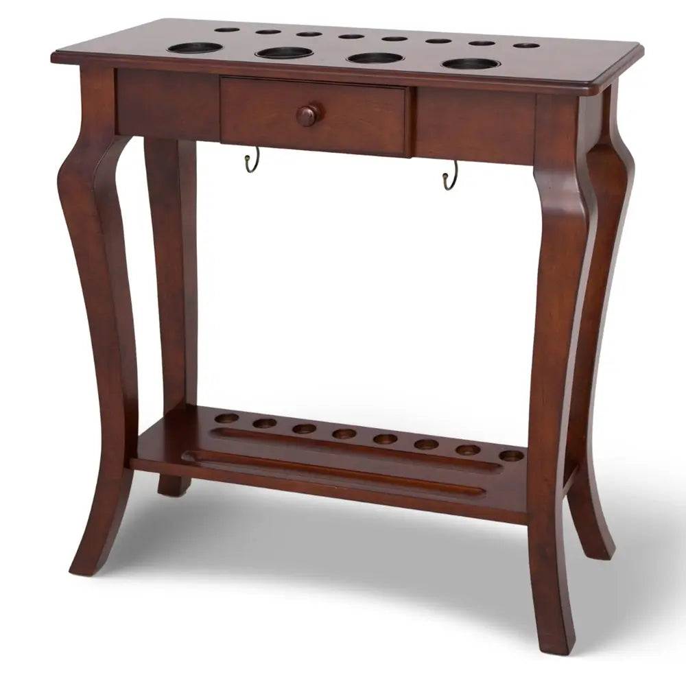 Hathaway Deluxe Floor Cue Rack in walnut finish featuring elegantly curved legs, a central drawer, and top and bottom slots to hold up to 8 cues securely.