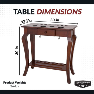 Dimensions of the Hathaway Deluxe Floor Cue Rack: 30 inches wide, 12 inches deep, and 30 inches tall, weighing 26 pounds.