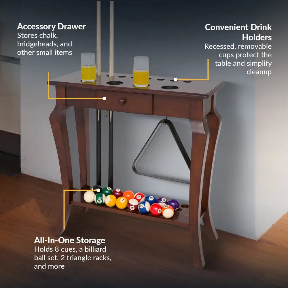 Hathaway cue rack fully stocked with cues, balls, triangle racks, and drinks on top, showcasing its drawer, recessed drink holders, and ample all-in-one billiards storage.