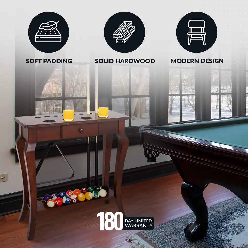 Hathaway floor cue rack beside a pool table, highlighting soft padding, solid hardwood construction, modern design, and a 180-day limited warranty.