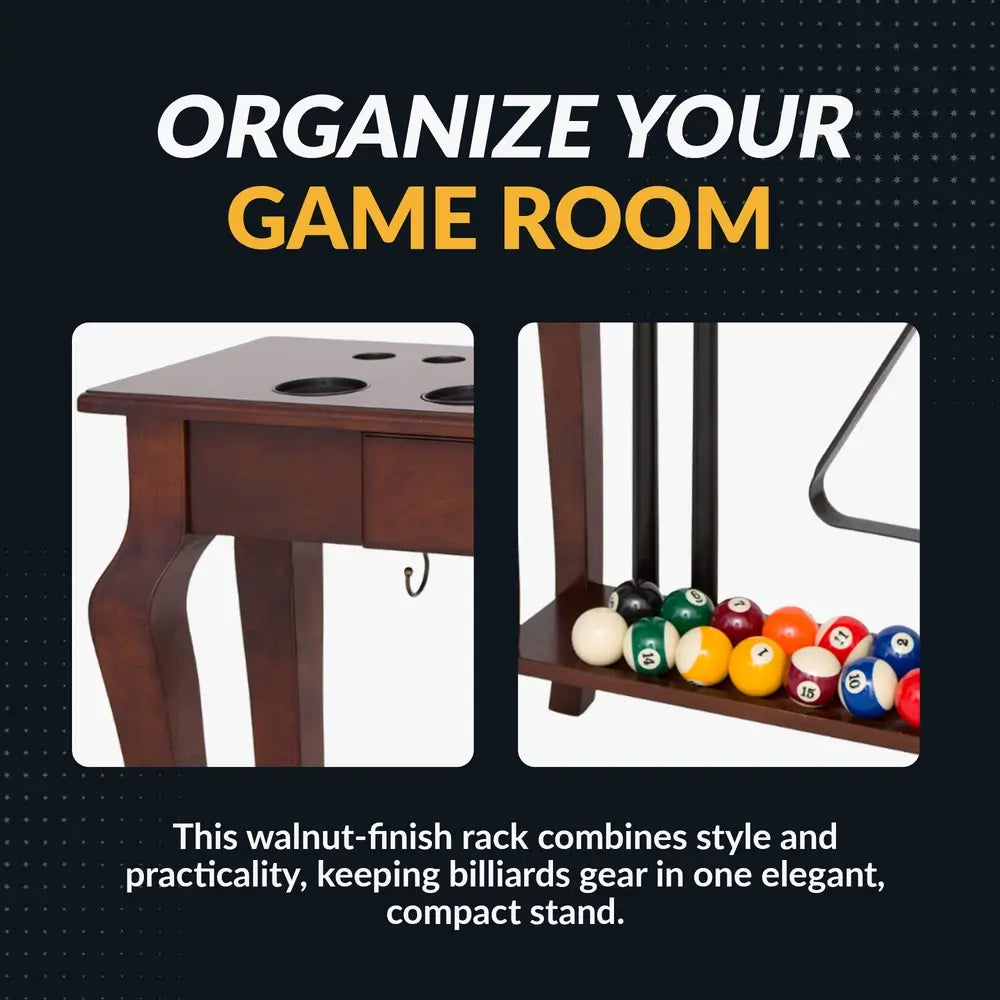 Close-up of Hathaway Deluxe Floor Cue Rack’s walnut finish, cue storage, and ball shelf — combining style with compact billiards organization.